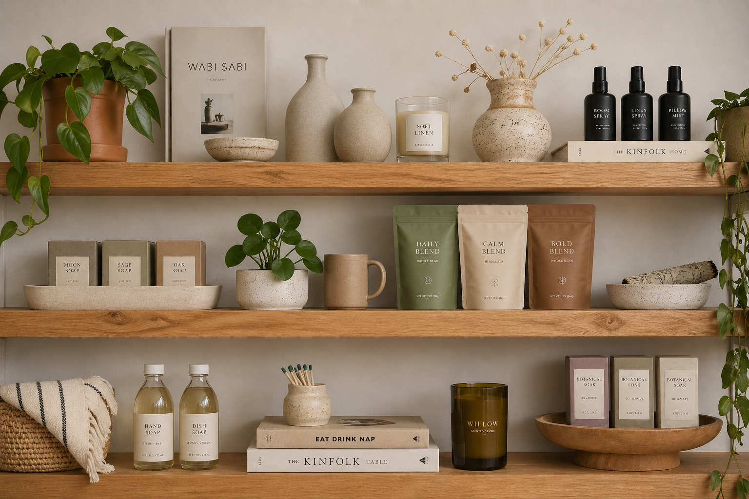 A softly lit boutique shop interior with curated shelves of candles, ceramics, and books under warm brass lighting